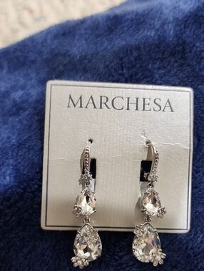 MARCHESA Silver Crystal Teardrop Dangle Earrings - Clear